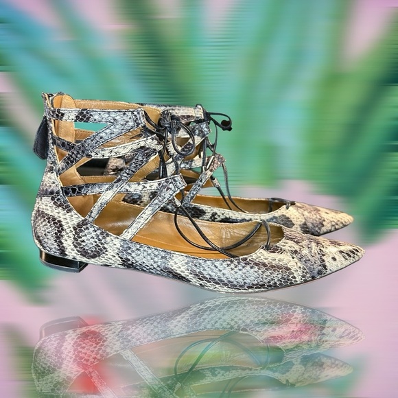 Aquazzura ‘Belgravia’ Two-Tone Snakeskin Ankle-Tie Flats Size 9 ASO Meghan - Picture 8 of 16